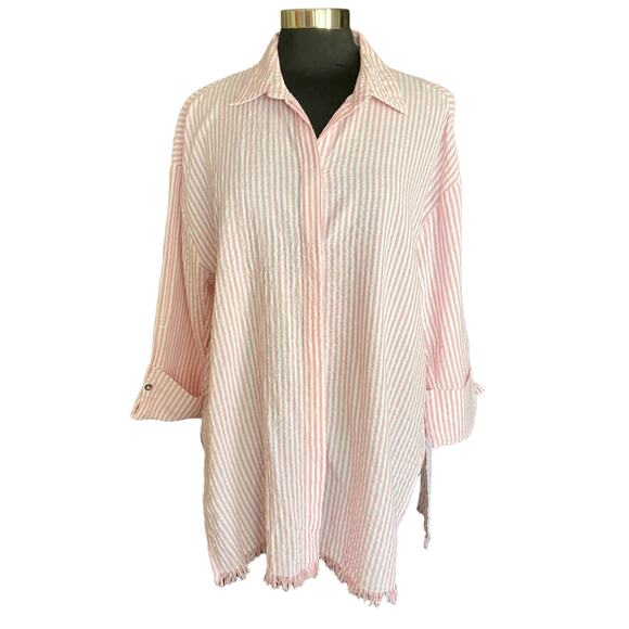 Umgee Pink & White Stripe Oversized Button Down Tunic Top MED Boho Lagenlook - Picture 1 of 8
